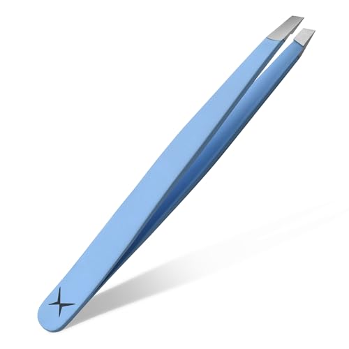 Professional Slant Tip Tweezers - Precision Stainless Steel Eyebrow Plucking Tool for Women and Men, Ingrown Hair Remover, Facial Hair Tweezers for Grooming (Baby Blue)