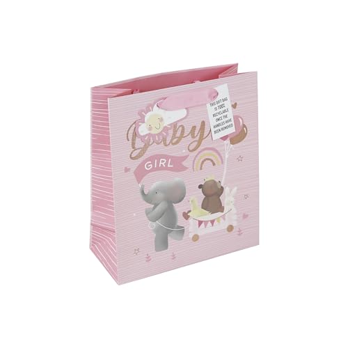 Eurowrap White Kraft Paper Pink Baby Girl Gift Bag With Gift Tag Eco Friendly 100% Recyclable Baby Shower Newborn Gift Wrap Occasion Present Medium