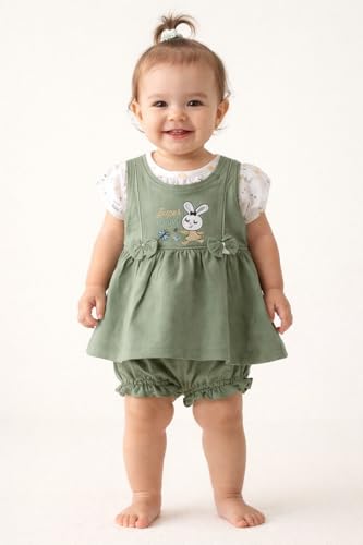 Image of Baby Girls Frock Dress with Bloomer Set | Short Sleeve Polka Dot Inner Layer & Bow Detail Special for 0-6 Months