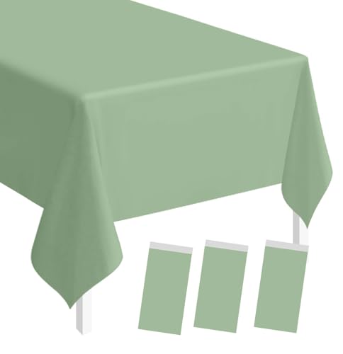 Image of SietDESEO 3 Pack Sage Green Plastic Tablecloth Rectangle 54 x 108 Premium Disposable Table Cloth Plastic Sage Table Cover for Wedding Baby Shower Party Decorations