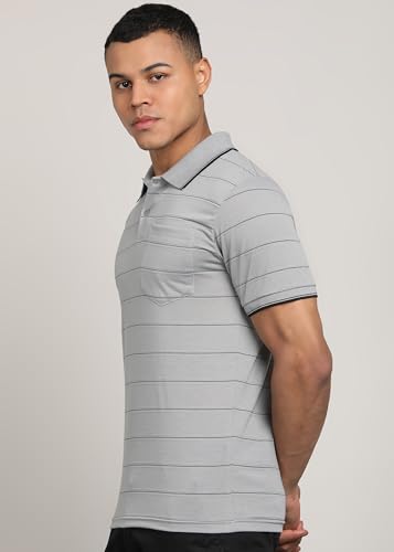 Image of INKKR Men Striped Polo Neck Cotton Blend T-Shirt