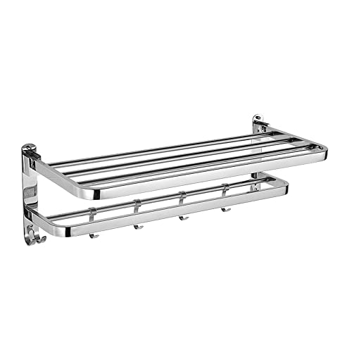 HONPHIER 23 Pulgadas Toallero Montado Pared Toallero Plegable de 2 Niveles Toallero de Baño con 5 Ganchos de Actividad Sus 304 Estantes de Acero Inoxidable Toallero Toallero para Baño, Cocina, Hotel Cover