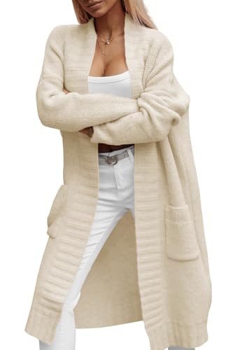 Imily Bela Damen Strickjacke mit Taschen Lang Grobstrick Cardigan Herbst Strickmantel Winter Open Front Pullover(Aprikosenfarbe, XL)