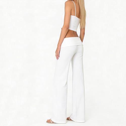 Image of Lounge Yoga Pants for Women Fold Over Low Waist Wide Leg Bell Bottoms | Y2K Foldover Pants, Flare Leggings, Low Rise Yoga Sweatpants