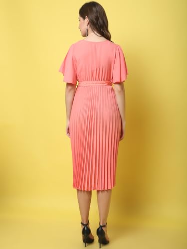 Image of Fabflee Women's Polyester A-Line Standard Length Dress (FB-P1-Pleated-201 XXL Pink