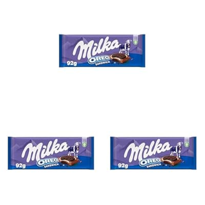 Milka Oreo Sandwich Tableta de Chocolate con Leche de los Alpes Cubiertas con Galletas Oreo y Crema Sabor Vainilla 92g Paquete de 3