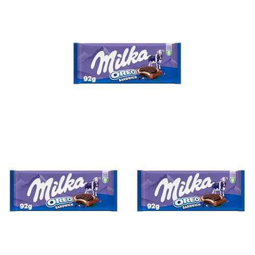 Milka Oreo Sandwich Tableta de Chocolate con Leche de los Alpes Cubiertas con Galletas Oreo y Crema Sabor Vainilla 92g (Paquete de 3)