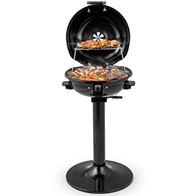 HAPPYGRILL 1600W Electric Grill Outdoor, Portable BBQ Grill with Warming Tray, Removable Non-Stick Grill Rack, Adjustable Temperature& Oil Drip Tray for Patio, Camping, Picnic (Balck)