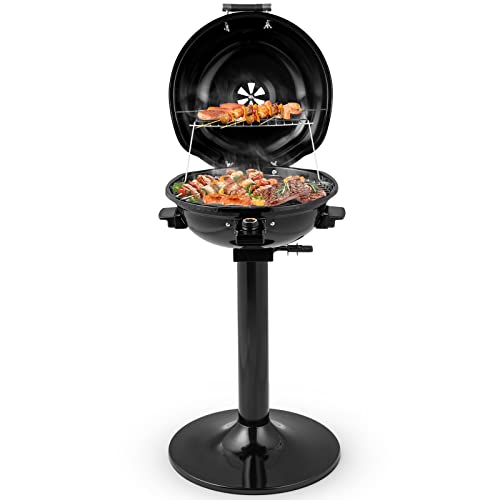 HAPPYGRILL 1600W Electric Grill Outdoor, Portable BBQ Grill with Warming Tray, Removable Non-Stick Grill Rack, Adjustable Temperature& Oil Drip Tray for Patio, Camping, Picnic (Balck)