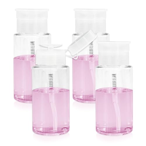 4 Pack Empty Push Down Pump Plastic Bottle Dispenser, Alcohol Pump Dispenser Bottle with DIY Labels for Nail Polish Remover,Facial Toner, 150ML - Main Image