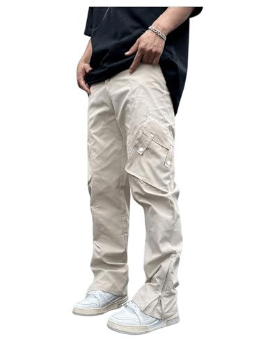 OYOANGLE Men's Drawstring Elastic Waist Side Slit Cargo Pants Straight Leg Flap Pockets Casual Hiking Trousers