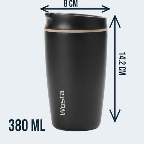 Image of Wosta SmoothSip Slider Insulated Stainless Steel Coffee Tumbler, Reusable Iced Coffee Cup, Hot Coffee Travel Mug, BPA Free 12 oz / 380 ml. (Black)
