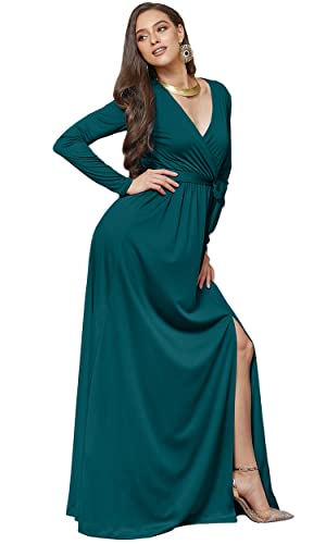 Image of KOH KOH Womens Long Sleeve V-Neck High Slit Cocktail Evening Gown Maxi Dress