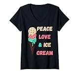 Womens Peace Love Ice Cream Day Cute Ice Cream Party Women Kids V-Neck T-Shirt