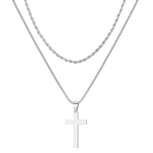 RANKEEF Pendentif Croix Acier Inoxydable 3mm Collier Argent Homme Acier Inoxydable Collier Ne Ternit Pas Argent Pendentif Croix Homme