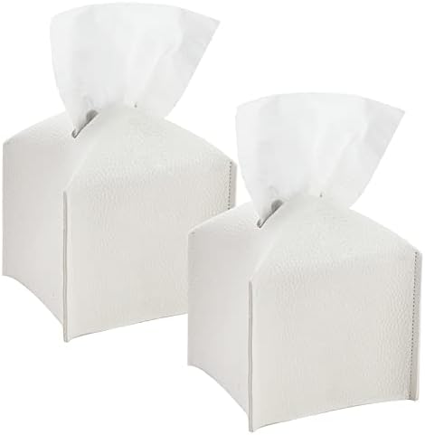 Tissue Box Cover Square Leather Box Holder 2pcs Delicate Decoration Tissue Organizer White Napkin Dispenser Cube Tissue Paper Cover Case for Restaurant Home Office Hotel Car