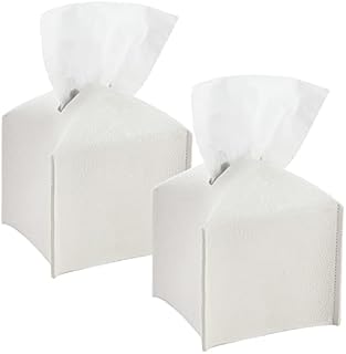 Tissue Box Cover Square Leather Box Holder 2pcs Delicate Decoration Tissue Organizer White Napkin Dispenser Cube Tissue Paper Cover Case for Restaurant Home Office Hotel Car
