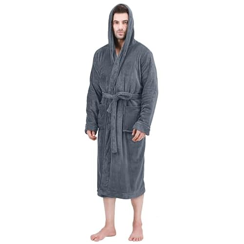 NY Threads Mens Robe with Hood, Luxury Plush Fleece Hooded Mens Bathrobe, Spa Bath Robe for Men