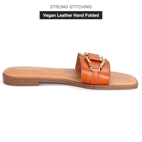 mazeskin Women's Square Open Toe Dressy Slide Sandals Cute Summer Comfortable Flat Slippers with Metal buckle3