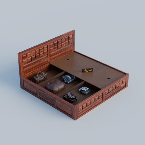 Image of Solid Sheesham Wood King Size Bed with Storage Box | Double Bed for Bedroom | Big Diamond Design Wooden Double Bed Cot for Home & Hotels | Rosewood, Honey Finish