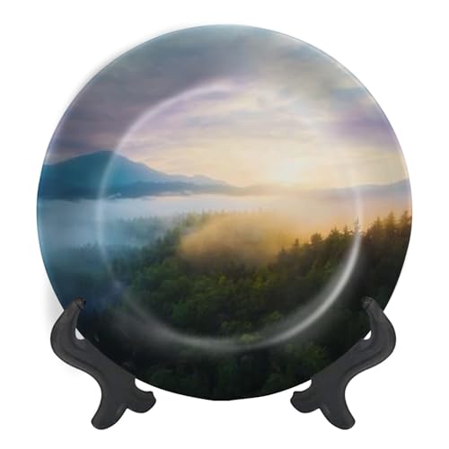 Decorative Plates for Display Beautiful Mountain Landscape Dawn Morning Valley Dramatic Sky Misty Gift Plates Ceramic Collections Plates Hanging Artwork for Living Dining Room Kitchen Souvenir