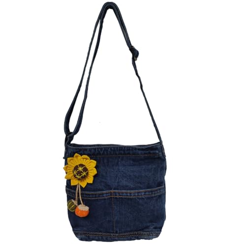 Farm4Far Denim Heavy Flower Tote Shoulder Sling Crossbody Bags
