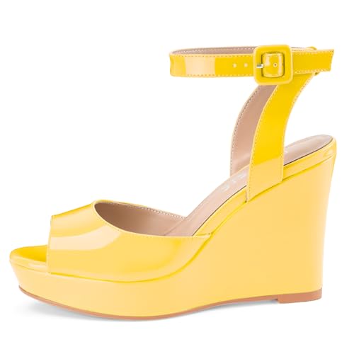 Image of Women's Dressy Platform Wedge Sandals Gold Wedges Peep Toe Patent High Heels Slingback Heeled Comfortable Ankle Strap Shoes