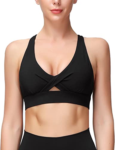 MotoRun Racerback Sports Bras for Women Sexy Front Cross Workout Padded Gym Running Yoga Bra Black Medium