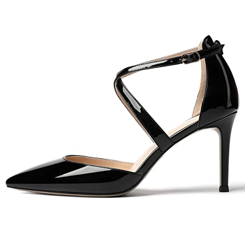 MODENCOCO Women's Cut Out Criss Cross Strap Patent Pointed Toe Stiletto High Heel Pumps Shoes 3.5 Inch2