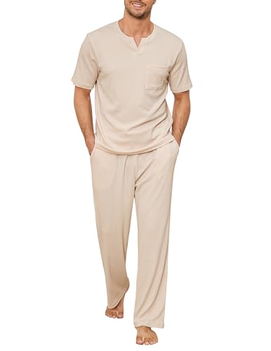 JiniGolla Mens Pajamas Set Soft Waffle Knit Short Sleeve Top and Pant Loungewear Sets 2 Piece Pjs with Pockets