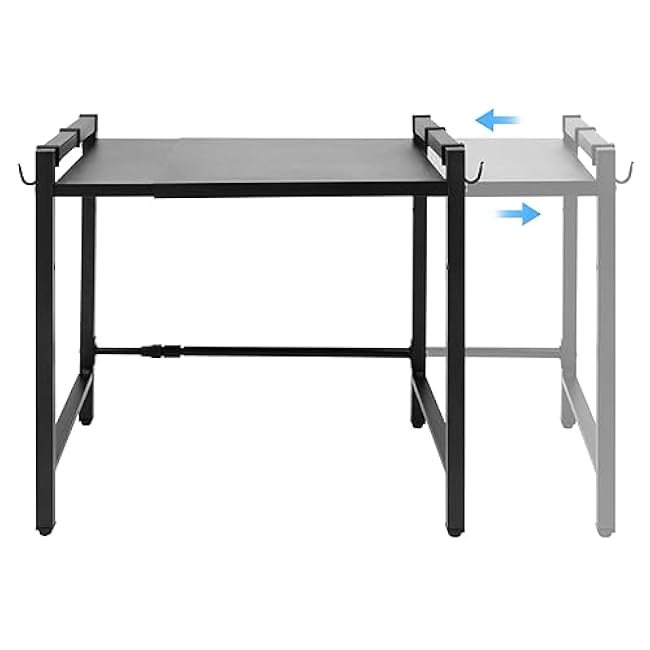Adjustable Extendable Microwave Oven Rack - 2-Tier Expandable Kitchen Shelf 15.7-25.2 L x13-17 H with 6 Tool Hooks & 66 lbs Capacity for Small Spaces Countertop Organization
