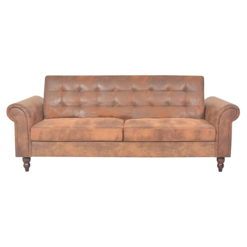 Homgoday Sofá cama de 2 plazas Chesterfield de piel sintética de ante marrón, estructura de madera, 3 posiciones, reclinable, fácil de montar, 196 x 58-97 x 82-59 cm
