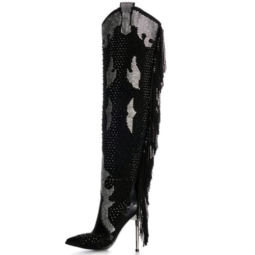 Rhinestone Fringe Over the Knee Boots for Women, Sparkly Cowgirl Western Cowboy Boots Pointed Toe Zipper Stiletto Heel Dress Casual Party Festival Wedding Vacation Shopping Boots