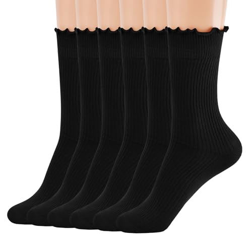 Image of MORECOO 6 Pairs Socks for Women, Cute Ruffle Frilly Ankle Socks, Cotton Lace Crew Socks for Mary Jane Shoes, 6 Pack