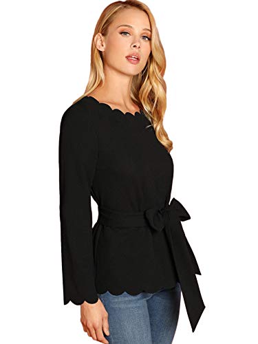 Romwe Women's Bow Self Tie Scalloped Cut Out Elegant Office Work Tunic Blouse Top Black Medium