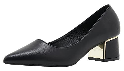 YooPrettyz Women Leather Pump Shoe Office Daily Wear Block Heel Work Pump Pointed Toe Polished Mid Heels