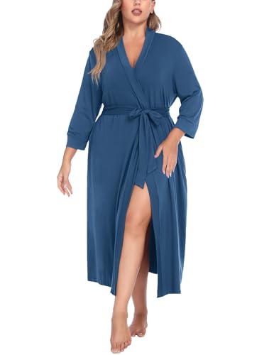 Image of IN'VOLAND Womens Plus Size Kimono Robes Long Knit Bathrobe V Neck Ladies Loungewear Lightweight Soft Sleepwear 1X-5X