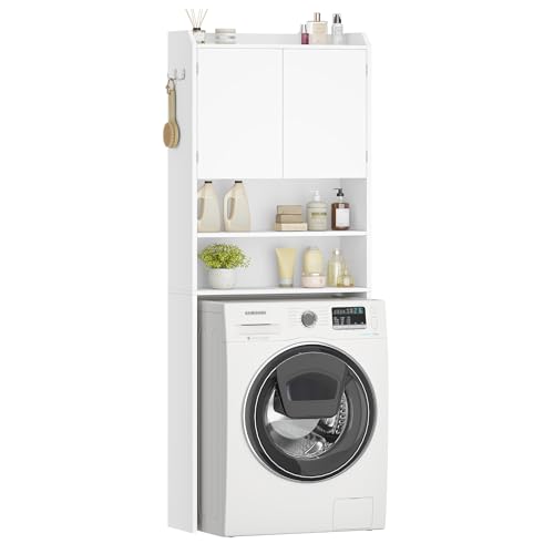 Hzuaneri Meuble Machine à Laver, Étagère de Toilettes sur Pied, Étagères Réglables, 2 Compartiments Ouverts, 2 Portes, Meuble WC, 24 x 65 x 185 cm, Blanc LR65003X