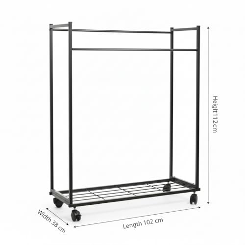 Image of RIZIK STORE Heavy-Duty Metal Garment Rack with Wheels & Bottom Shelf | Clothes Organizer, Storage Shelf | Anti-Rust Iron Clothing Stand for Bedroom, Entryway & Living Room (Black)