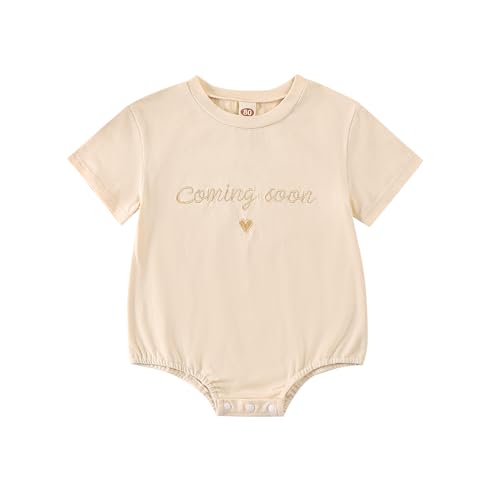 ttmmxamia Coming Soon Embroidered Pregnancy Announcement Outfit, Newborn Baby Reveal Romper & Shorts Set for Boy Girl, Beige 0-3M | Perfect Surprise Gift for Grandparents, Partner & Family