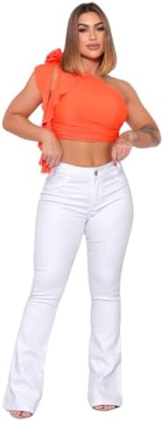 Calça Jeans Flare Feminina, Cintura Alta, Branca