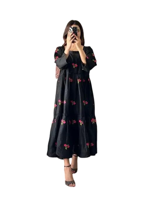 FAYKA Mumbai' Women's Floral Embroidered Square Neck Puffed Full Sleeves Tiered & Layered Maxi Dress-image-15