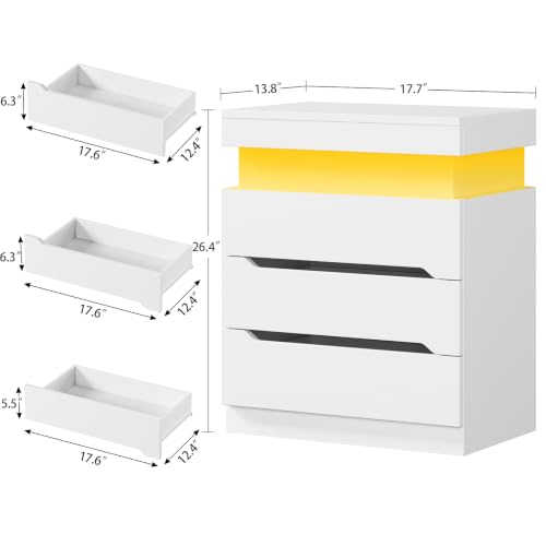 Image of TEENFON Nightstands Set of 2, Night Stand with 3 Drawers, Nightstand with App-Controlled Adjustable LED Light, Bedside Table with Slidable Hidden Storage Space, Modern Nightstands for Bedroom,White