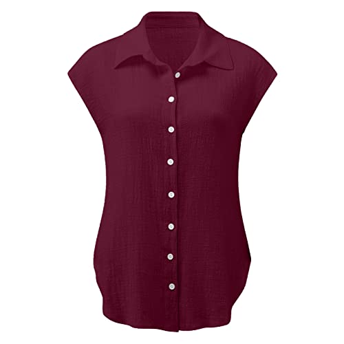 Smidow Womens Button Down Cotton Linen Shirts V Neck Roll Up Short|Long Sleeve Blouses Loose Collared Shirt Casual Work Tops #TOP3