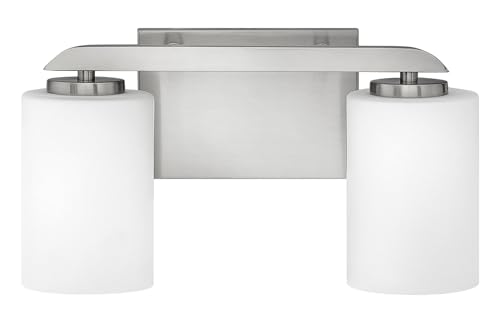 Image of Hinkley Kyra Small Two Light Bathroom Vanity Fixture, Install Up /Down, Etched Opal Shades, Brushed Nickel