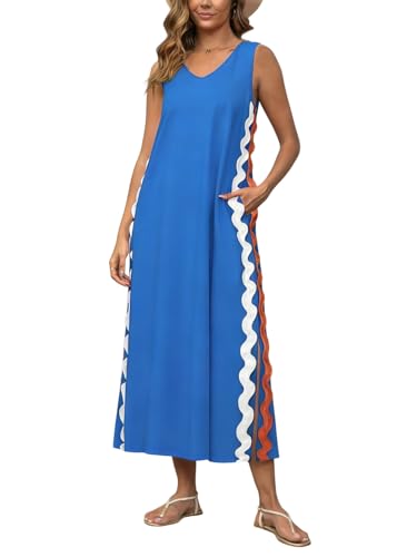 Image of utcoco Women's Summer Beach Boho Flowy Maxi Dress Casual Sleeveless V Neck Side Slit RIC Rac Tank Dress