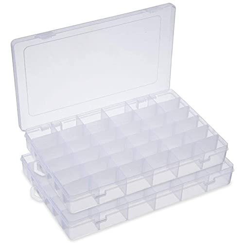 Caja de almacenamiento de plástico transparente con compartimentos ajustables para joyas, perlas, pendientes, tornillos, artículos de viaje (2 unidades, 36 compartimentos) Cover