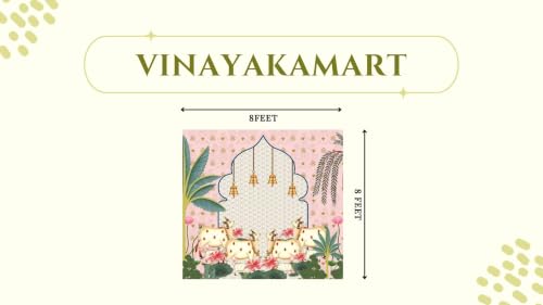 Image of varalaxmi Pooja Decoration Background | Pink Bloom & Cows pichwai Backdrop with a Central Traditional Archway and Blooming Lotus Flowers 8x8 Feet | Backdrop Cloth for Decoration Pooja 8x8