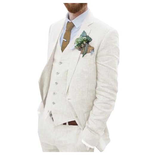 Terno masculino retrô de linho para praia, casamento, verão, caimento justo, 3 peças, leve, jaqueta de linho, colete e calça, smoking de baile, Marfim