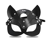 Cat Woman Eye Cover for Adults Women, Black Faux Leather Cat Ear Headpiece with Adjustable Strap, Halloween Cosplay Masquerade Costume Accessory for Party and Roleplay Outfits